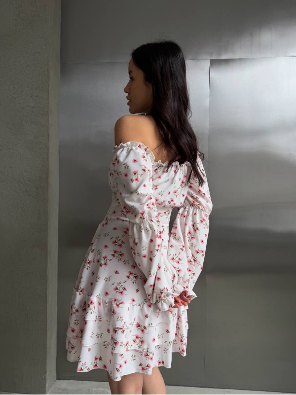 Легка сукня міні з рукавом молочного кольору 32952