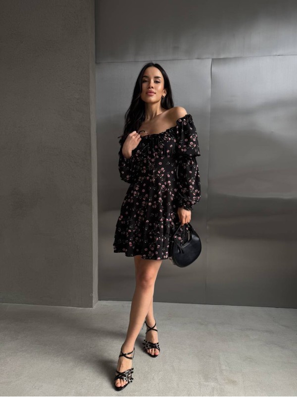 Легка сукня міні з рукавом чорного кольору 32953