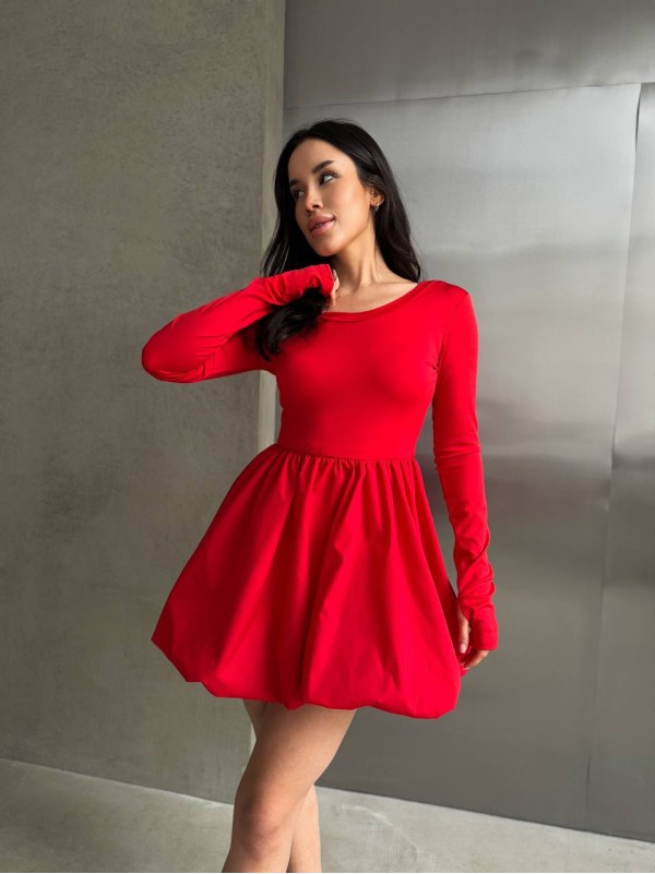 Комбінована сукня міні з пишною спідницею червоного кольору 32955