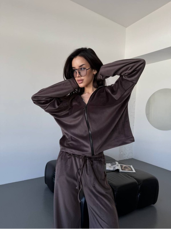 Велюровий жіночий костюм коричневого кольору 32989