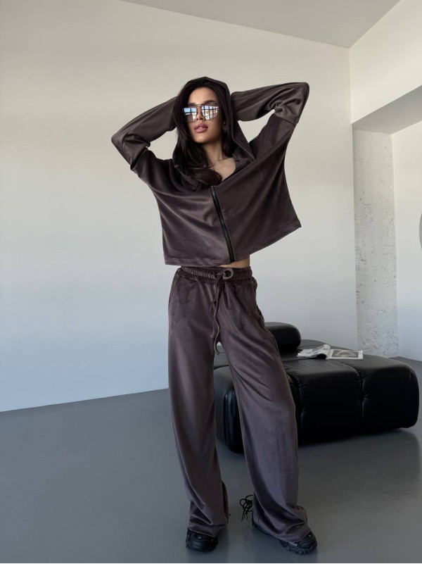 Велюровий жіночий костюм коричневого кольору 32989