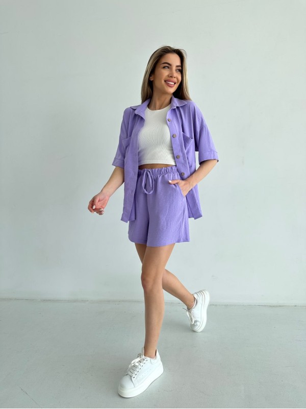 Жіночий літній костюм сорочка+шорти бузкового кольору 33109