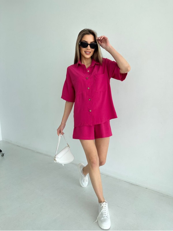 Жіночий літній костюм сорочка+шорти малинового кольору 33112