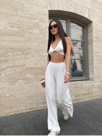 Жіночий прогулянковий костюм (топ+штани) молочного кольору 33132