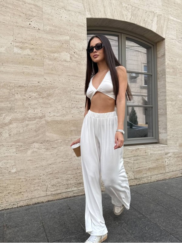 Жіночий прогулянковий костюм (топ+штани) молочного кольору 33132