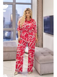 Жіночий легкий брючний костюм малинового кольору 33141