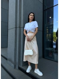 Жіноча шовкова спідниця міді бежевого кольору 33188