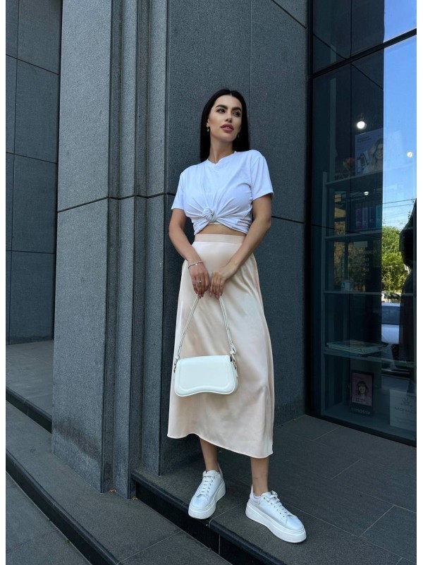 Жіноча шовкова спідниця міді бежевого кольору 33188