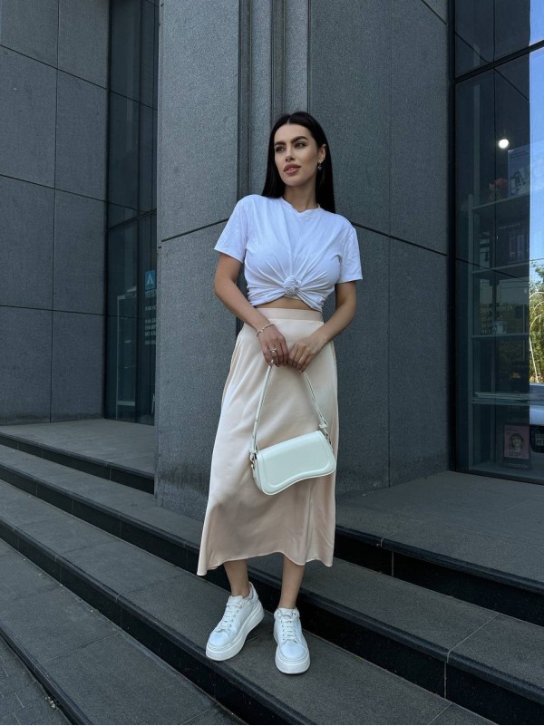 Жіноча шовкова спідниця міді бежевого кольору 33188