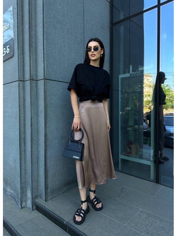 Жіноча шовкова спідниця міді кавового кольору 33189