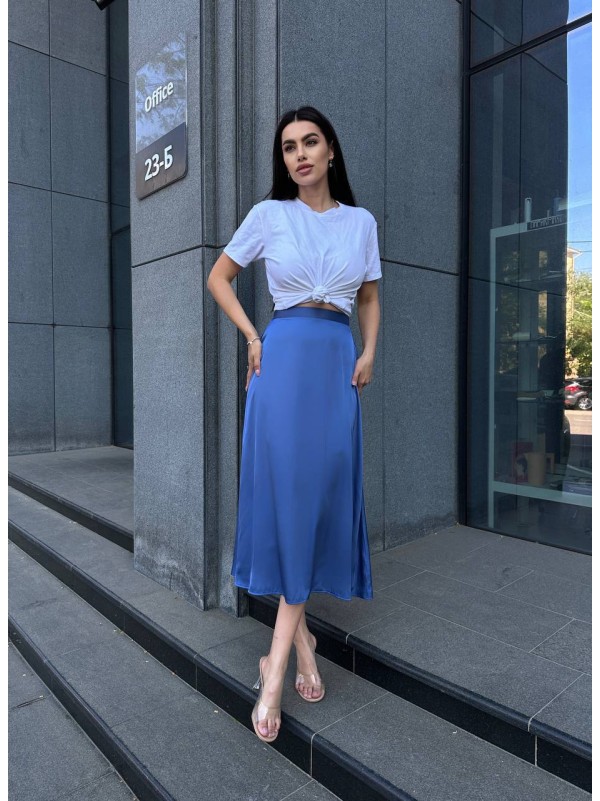 Жіноча шовкова спідниця міді синього кольору 33190