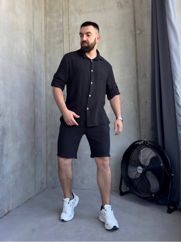 Чоловічий літній мусліновий костюм чорного кольору 33197