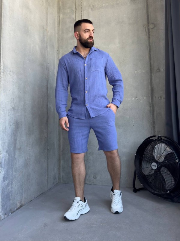 Чоловічий літній мусліновий костюм синього кольору 33198