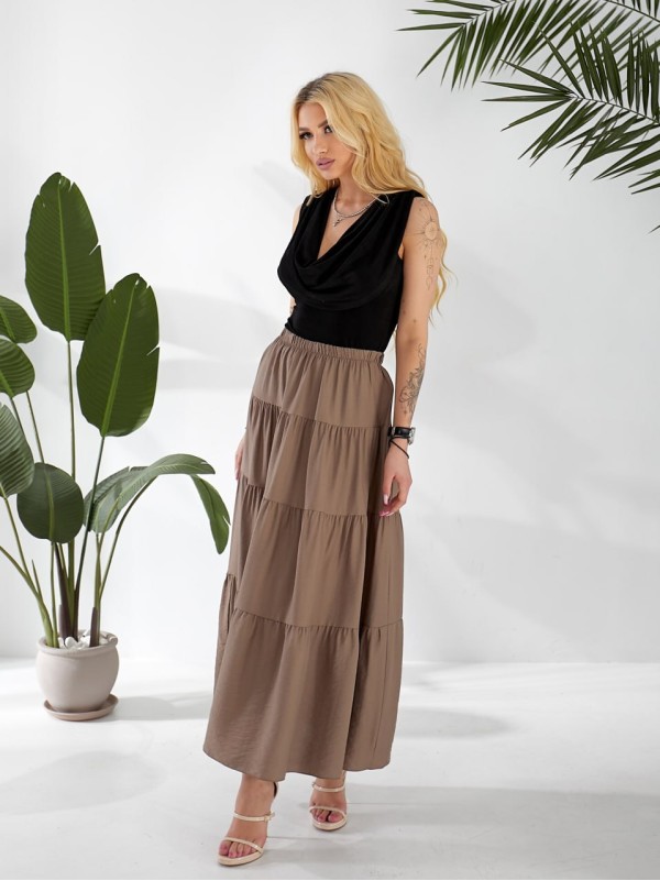 Жіноча льняна спідниця міді з воланами коричневого кольору 33211