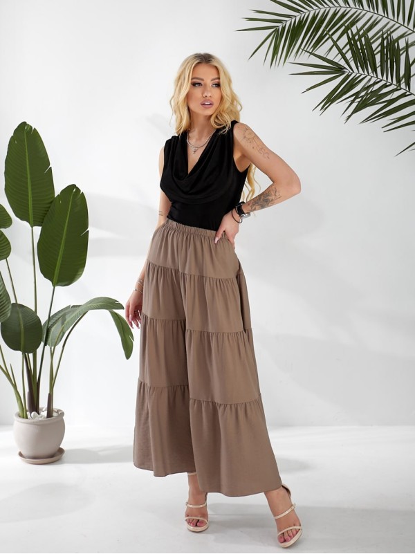 Жіноча льняна спідниця міді з воланами коричневого кольору 33211
