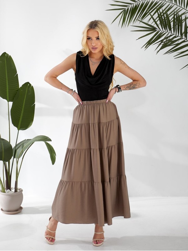 Жіноча льняна спідниця міді з воланами коричневого кольору 33211