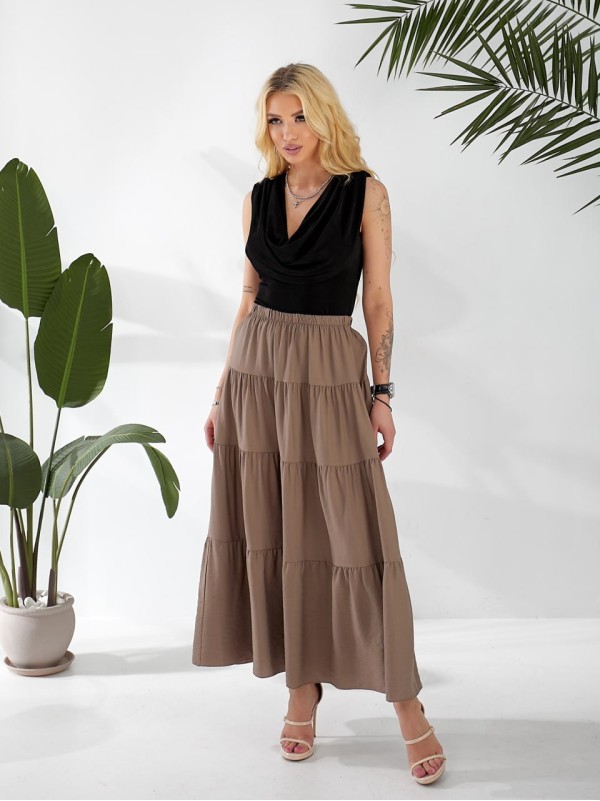 Жіноча льняна спідниця міді з воланами коричневого кольору 33211