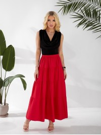 Жіноча льняна спідниця міді з воланами червоного кольору 33212