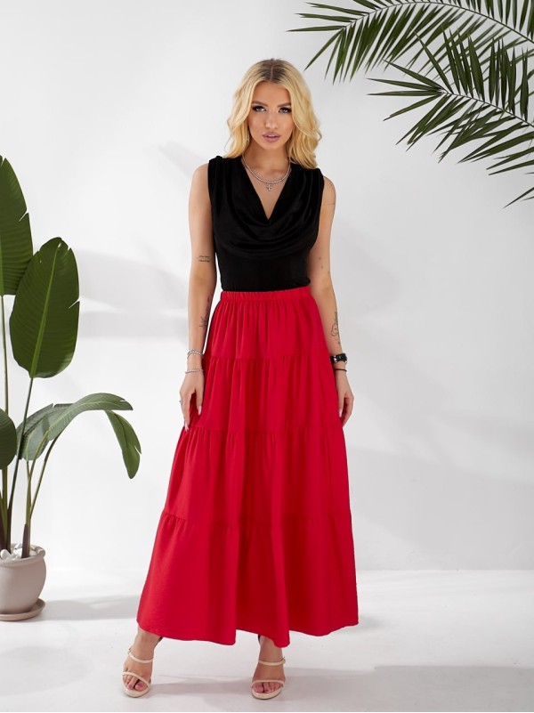 Жіноча льняна спідниця міді з воланами червоного кольору 33212