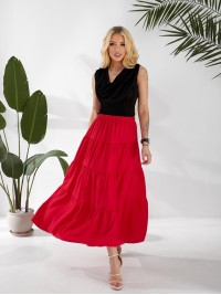 Жіноча льняна спідниця міді з воланами червоного кольору 33212