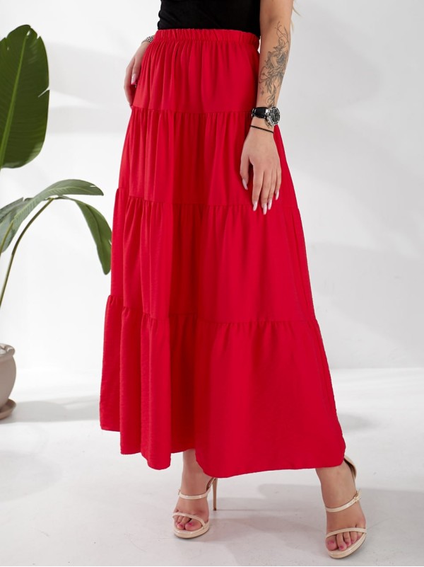 Жіноча льняна спідниця міді з воланами червоного кольору 33212