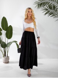 Жіноча льняна спідниця міді з воланами чорного кольору 33213