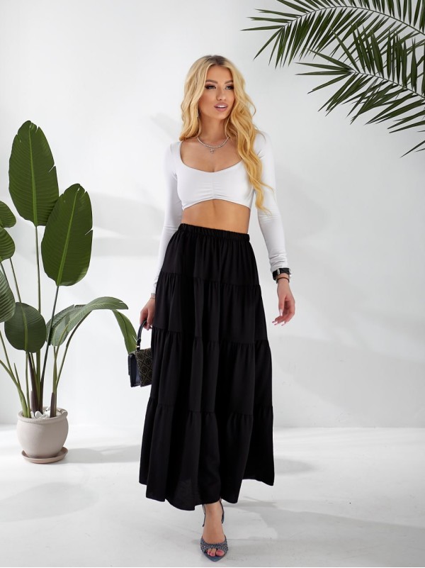 Жіноча льняна спідниця міді з воланами чорного кольору 33213
