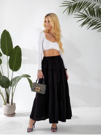 Жіноча льняна спідниця міді з воланами чорного кольору 33213