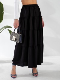 Жіноча льняна спідниця міді з воланами чорного кольору 33213