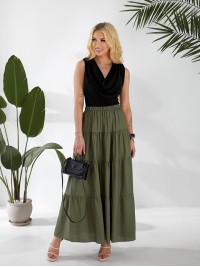 Жіноча льняна спідниця міді з воланами кольору хакi 33214