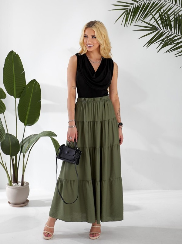 Жіноча льняна спідниця міді з воланами кольору хакi 33214