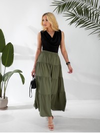 Жіноча льняна спідниця міді з воланами кольору хакi 33214