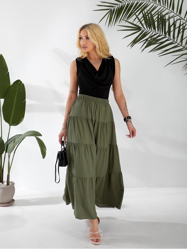 Жіноча льняна спідниця міді з воланами кольору хакi 33214