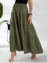 Жіноча льняна спідниця міді з воланами кольору хакi 33214
