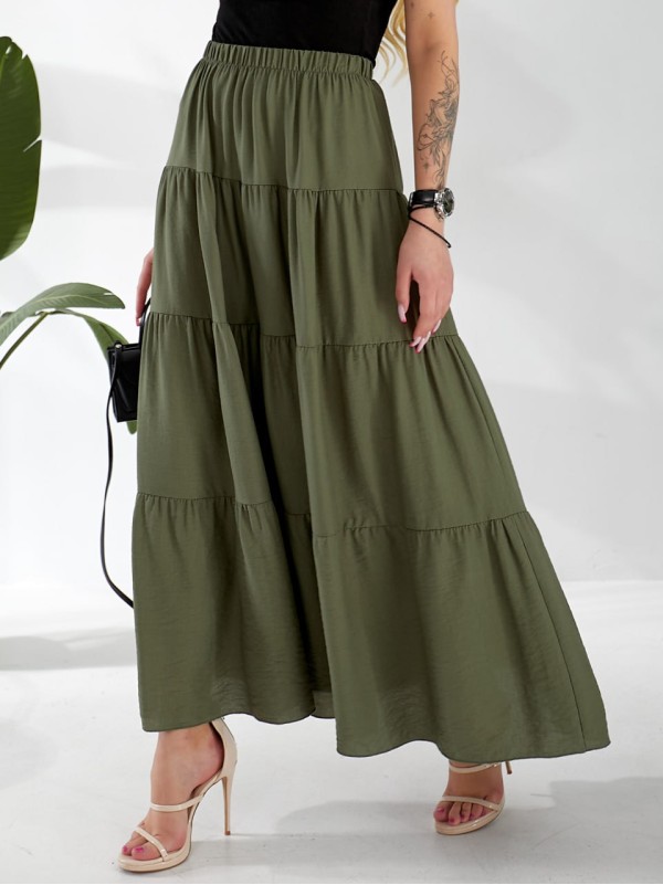Жіноча льняна спідниця міді з воланами кольору хакi 33214