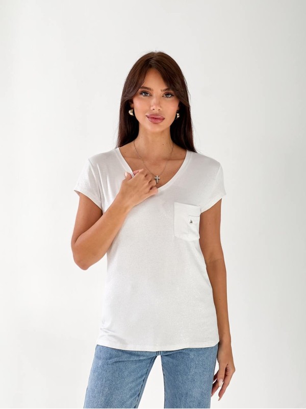 Жіноча футболка з блискітками та кишенею білого кольору 33239