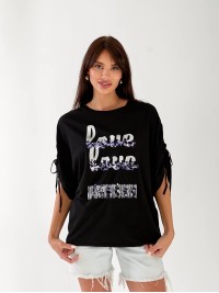 Жіноча футболка з паєтками чорного кольору 33259