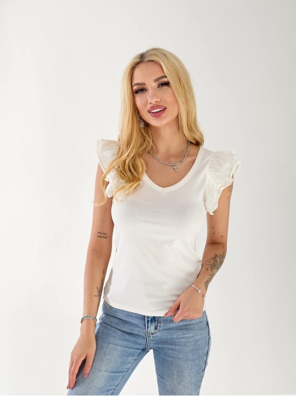 Жіноча бавовняна футболка з рюшами бiлого кольору 33266