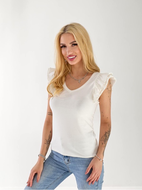 Жіноча бавовняна футболка з рюшами бiлого кольору 33266