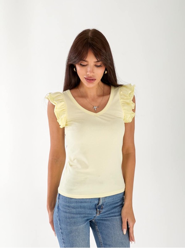 Жіноча бавовняна футболка з рюшами жовтого кольору 33267