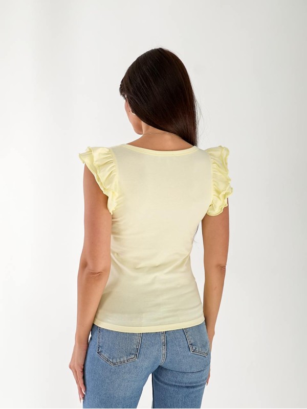 Жіноча бавовняна футболка з рюшами жовтого кольору 33267