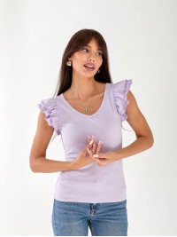 Жіноча бавовняна футболка з рюшами лiлового кольору 33268