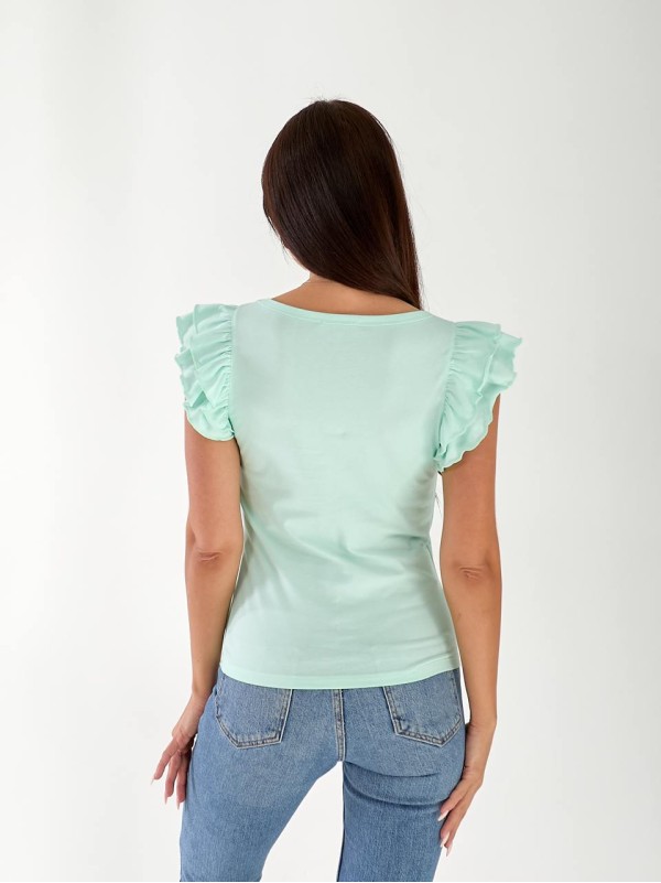 Жіноча бавовняна футболка з рюшами м'ятного кольору 33269