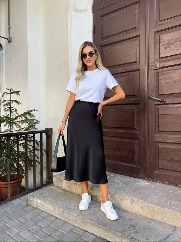 Шовкова спідниця міді чорного кольору 33273