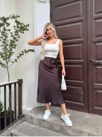 Шовкова спідниця міді коричневого кольору 33274