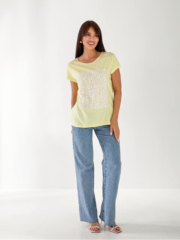 Жіноча футболка з паєтками жовтого кольору 33303