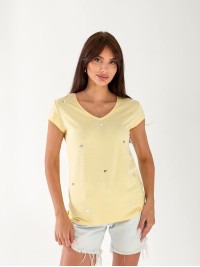 Жіноча футболка з камінням жовтого кольору 33305
