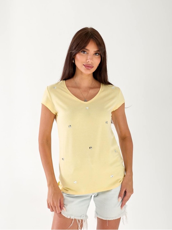 Жіноча футболка з камінням жовтого кольору 33305
