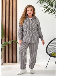 Жіночий лляний костюм 3-ка (штани+майка+сорочка) графiтового кольору 33330