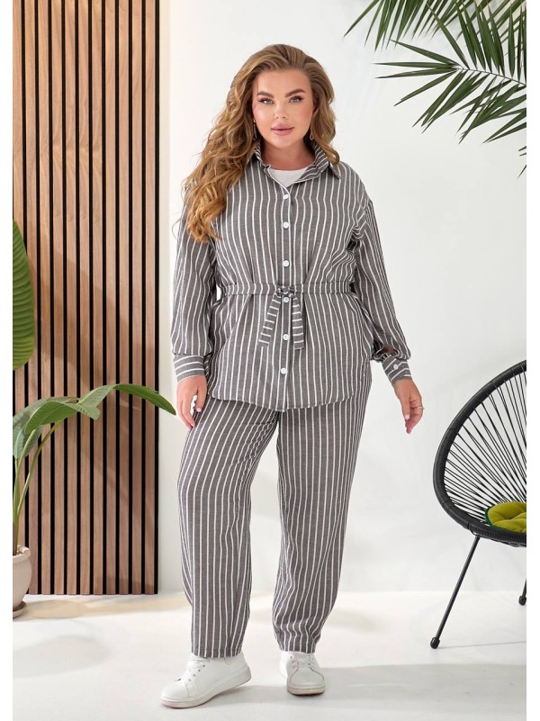 Жіночий лляний костюм 3-ка (штани+майка+сорочка) графiтового кольору 33330